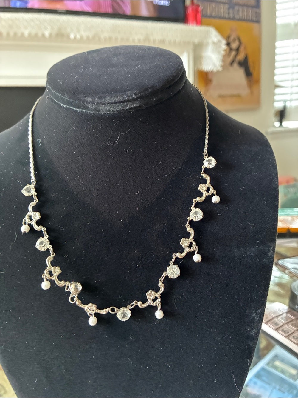 Delicate Silver-Tone Crystal & Pearl Drop Necklace